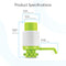 The Manual Water Bottle Pump - Green & White is a BPA-free pump for 5-gallon bottles, measuring 9.25" (23.5cm) high, with a 3.25" (8.25cm) top width, 4.5" (11.43cm) bottom width, and a 5" (12.7cm) spout length.