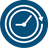 A circular blue icon featuring a white clock face with a running hand and an arrow pointing right, symbolizing the product has a long filter life.