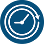 A circular blue icon featuring a white clock face with a running hand and an arrow pointing right, symbolizing the product has a long filter life.