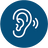 A blue circular icon featuring a white line-art illustration of an ear with sound waves, representing that the product makes minimal noise during operation.