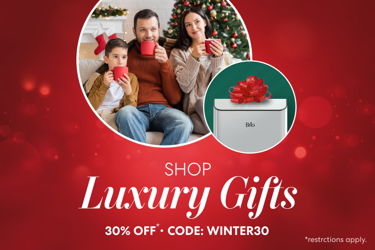 Brio “Shop Luxury Gifts” holiday promo graphic on a red bokeh background, featuring a family holding red mugs by a Christmas tree and a Brio unit topped with a red gift bow. Text reads “30% off” and “Code: WINTER30”; restrictions apply.