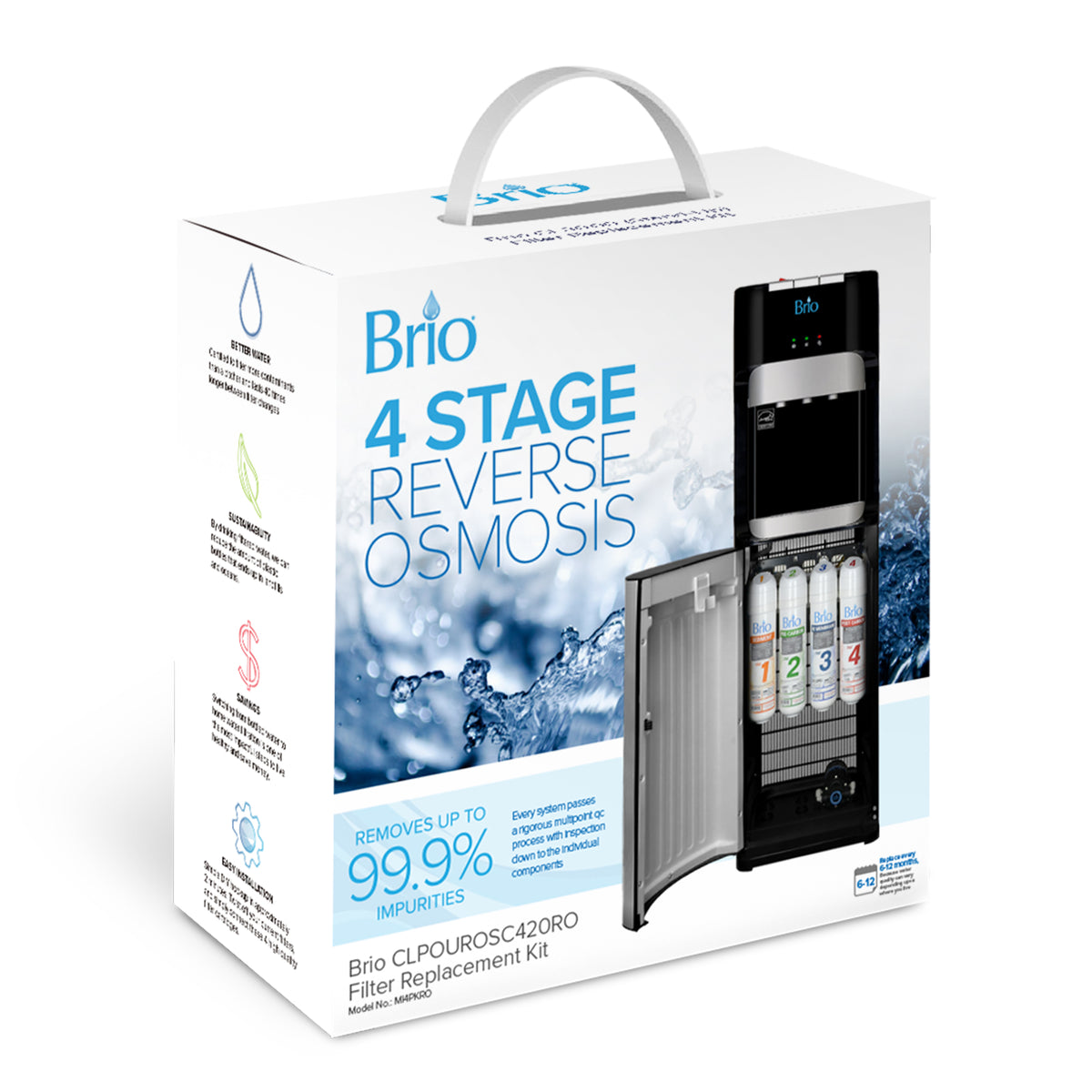 A box for the Brio 4-Stage Filter Kit - RO Systems, featuring a water dispenser, text showing 99.9% impurity removal, an RO membrane filter system, and blue water droplets in the background.