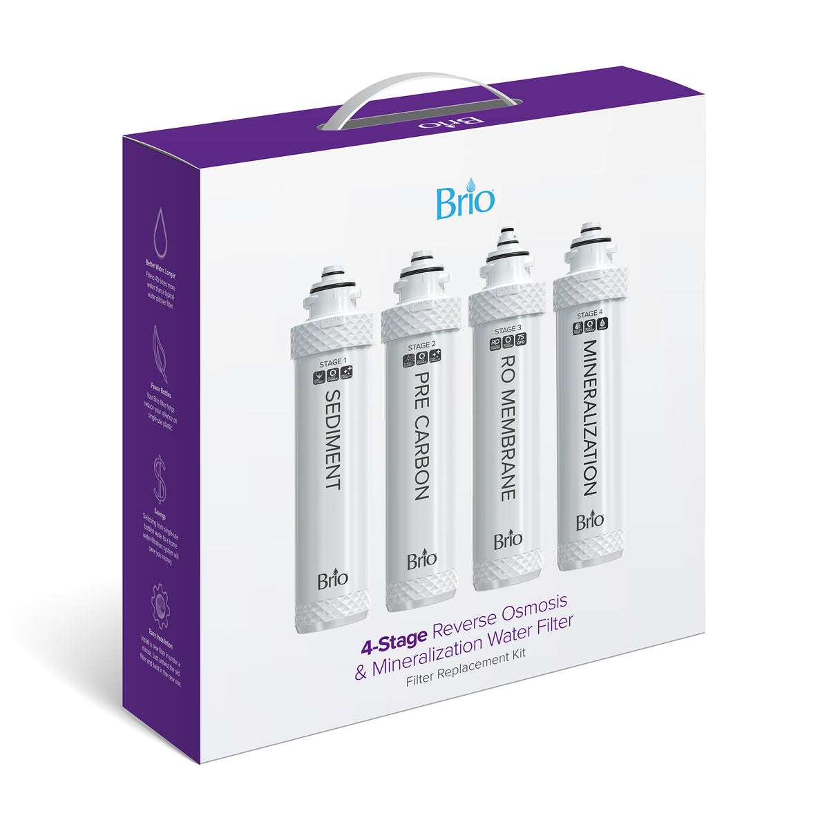 Brio 4-Stage Filter Kit with Mineralization for UVRO Systems—includes sediment, RO membrane, and mineralization filter; features four clearly labeled cartridges in sleek purple and white design.