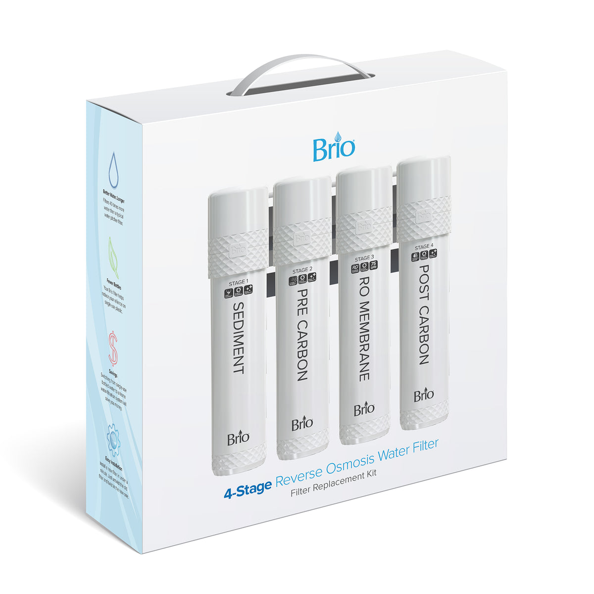 A white box with a handle displays four Brio 4-Stage Filter Kit-UVRO Models water filters: Sediment, Pre Carbon, RO Membrane, and Post Carbon. Blue text reads "4-Stage Reverse Osmosis Water Filter Replacement Kit.