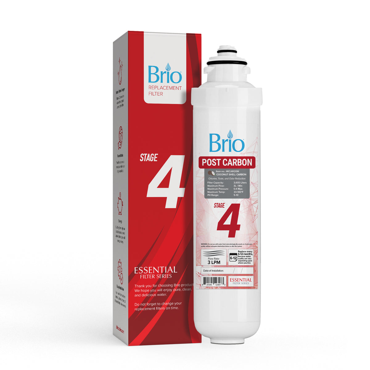 A Brio Stage 4 Post-Carbon Filter - CLPOURO420SCV2 stands beside its red and white Essential Filter Series box, both displaying product details and branding.