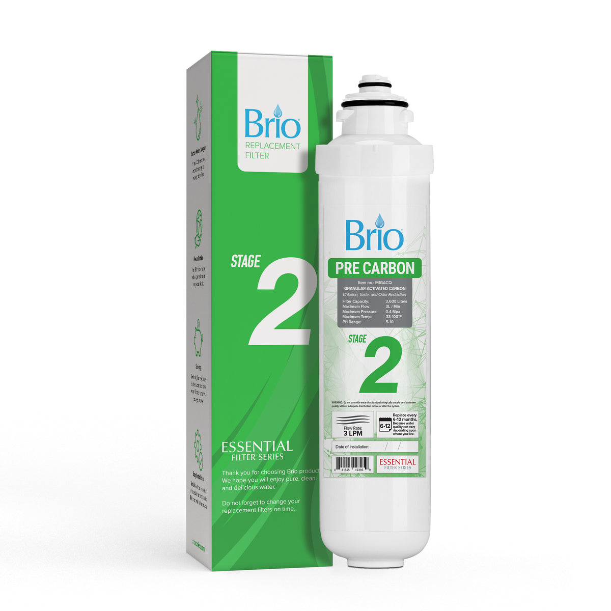 A Stage 2 Pre-Carbon Filter - CLPOURO420SCV2 stands upright beside its green and white box, both clearly marked with product details and branding, emphasizing advanced filtration and a nanofiber core for cleaner water.