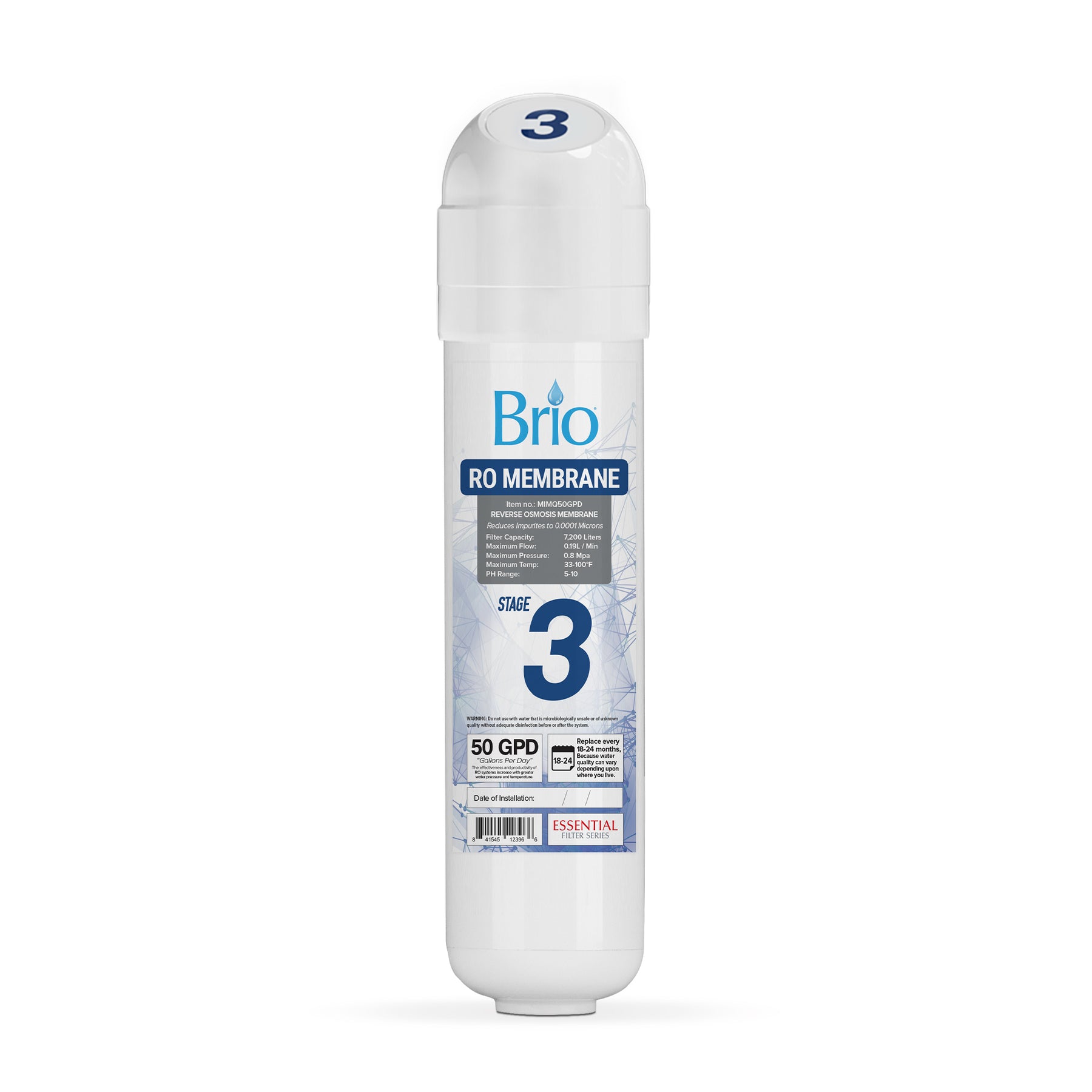 The Brio Stage 3 RO Membrane Filter - CLPOURO420SCV2 is a white cylindrical filter with a blue and white “Stage 3” label, featuring powerful filtration for reverse osmosis systems. The number 3 appears on both the cap and main label.