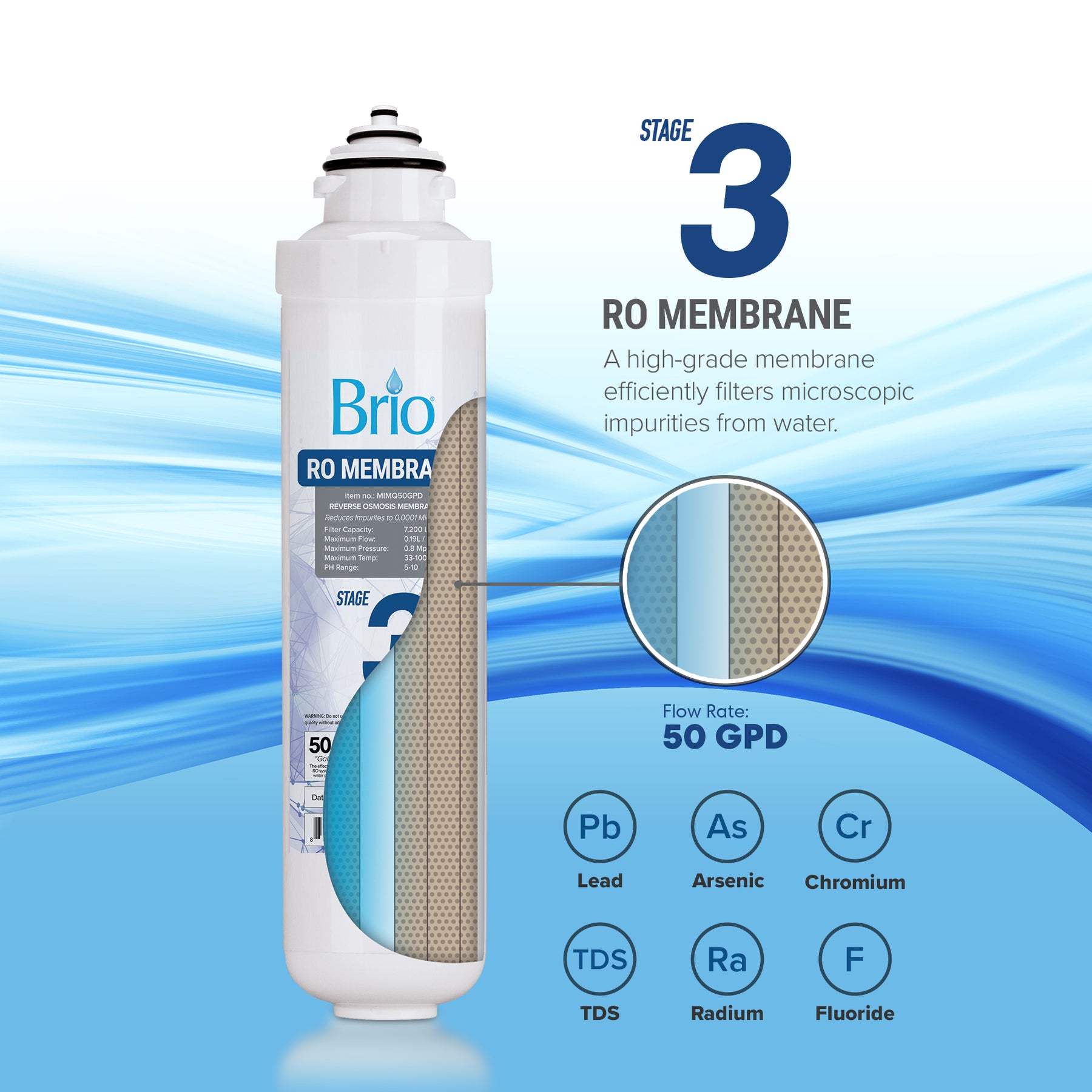 The Brio Stage 3 RO Membrane Filter - CLPOURO420SCV2 is shown in close-up, featuring advanced nanofiber technology that efficiently removes microscopic impurities like lead, arsenic, and fluoride at a 50 GPD flow rate.