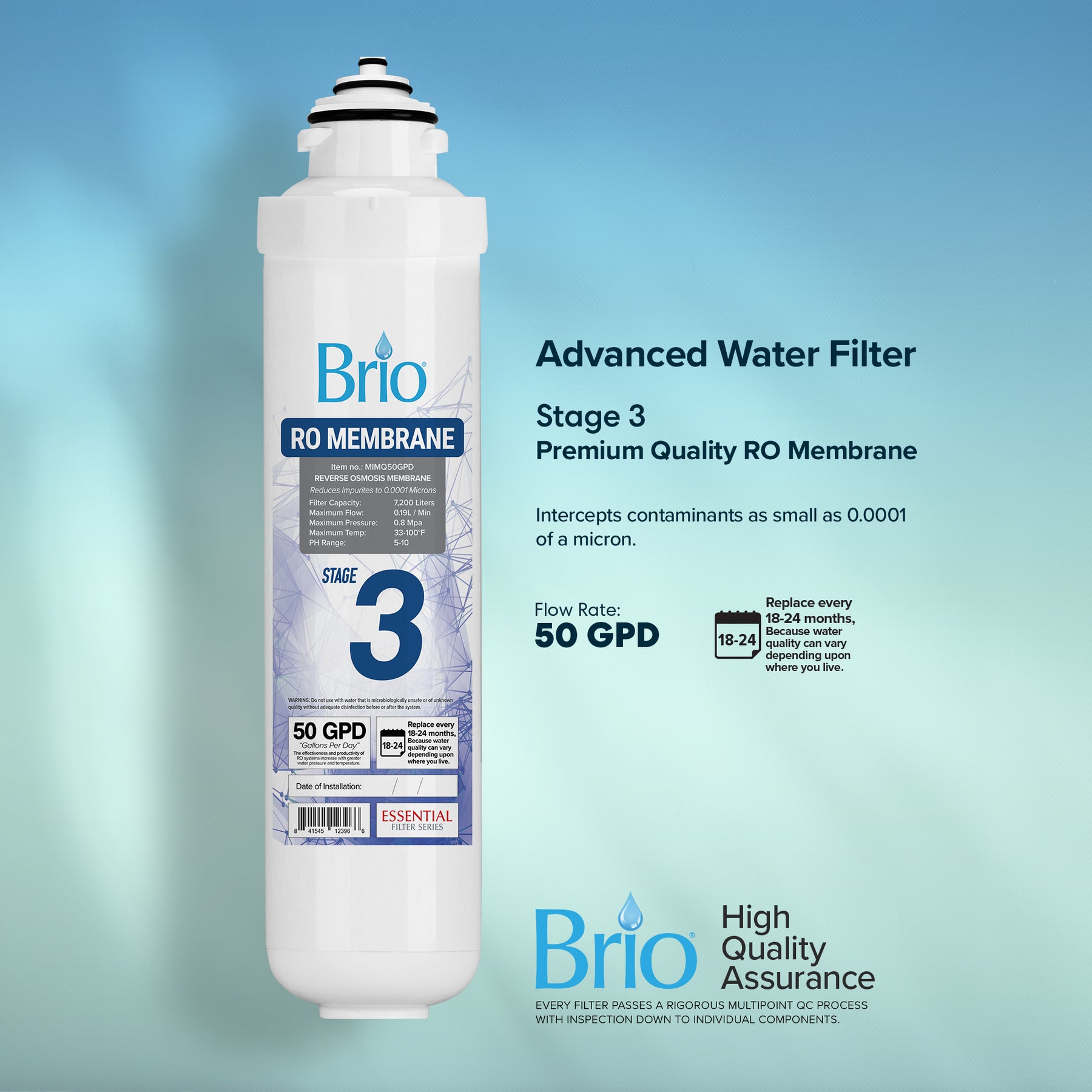 The Brio Stage 3 RO Membrane Filter - CLPOURO420SCV2, shown vertically on a blue background, boasts powerful filtration at 50 GPD. It effectively intercepts tiny contaminants and ensures high quality assurance for your water.