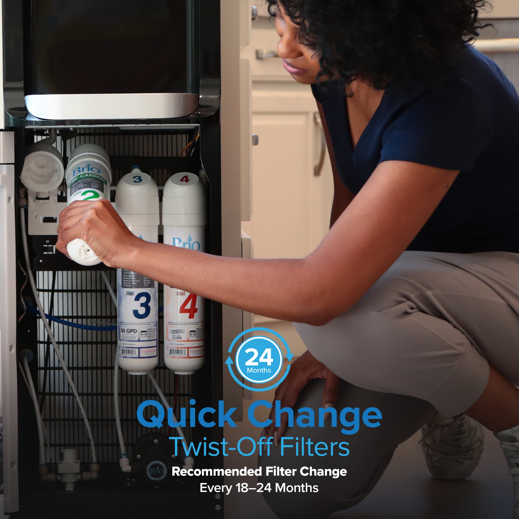 A woman kneels by an open cabinet under the sink, replacing a Brio Stage 3 RO Membrane Filter (CLPOURO420SCV2) labeled 3. Three filters (1, 3, and 4) are visible. Text: Quick Change Twist-Off Filters. Powerful filtration. 24 Months.