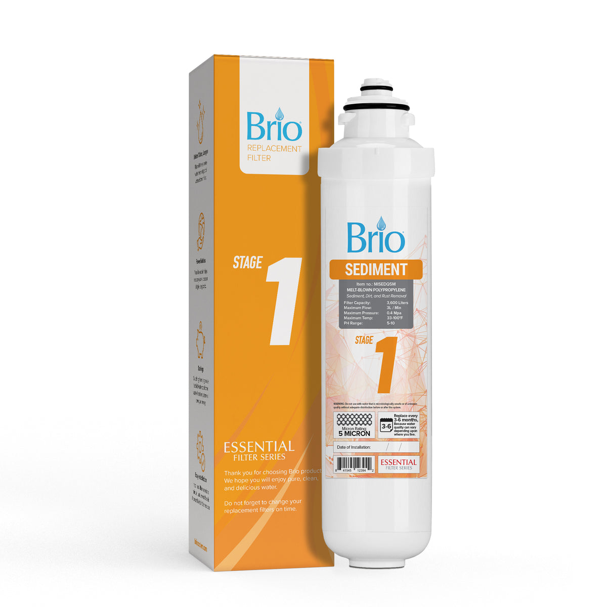 A Brio Stage 1 Sediment Filter - CLPOURO420SCV2, NSF certified, stands upright beside its orange and white box, both showing Brio branding and product details for powerful filtration.