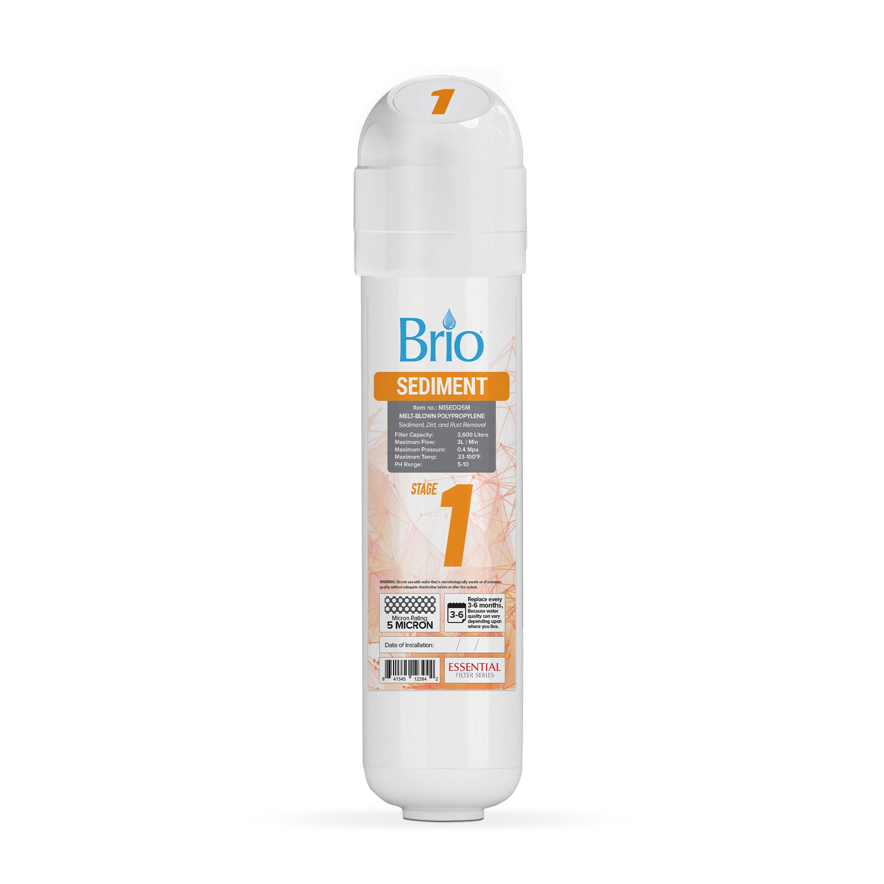The Brio Stage 1 Sediment Filter – CLPOURO420SCV2, featuring orange and blue text, product details, a barcode, and a 5-micron mark on the label, provides powerful sediment filtration for cleaner water.