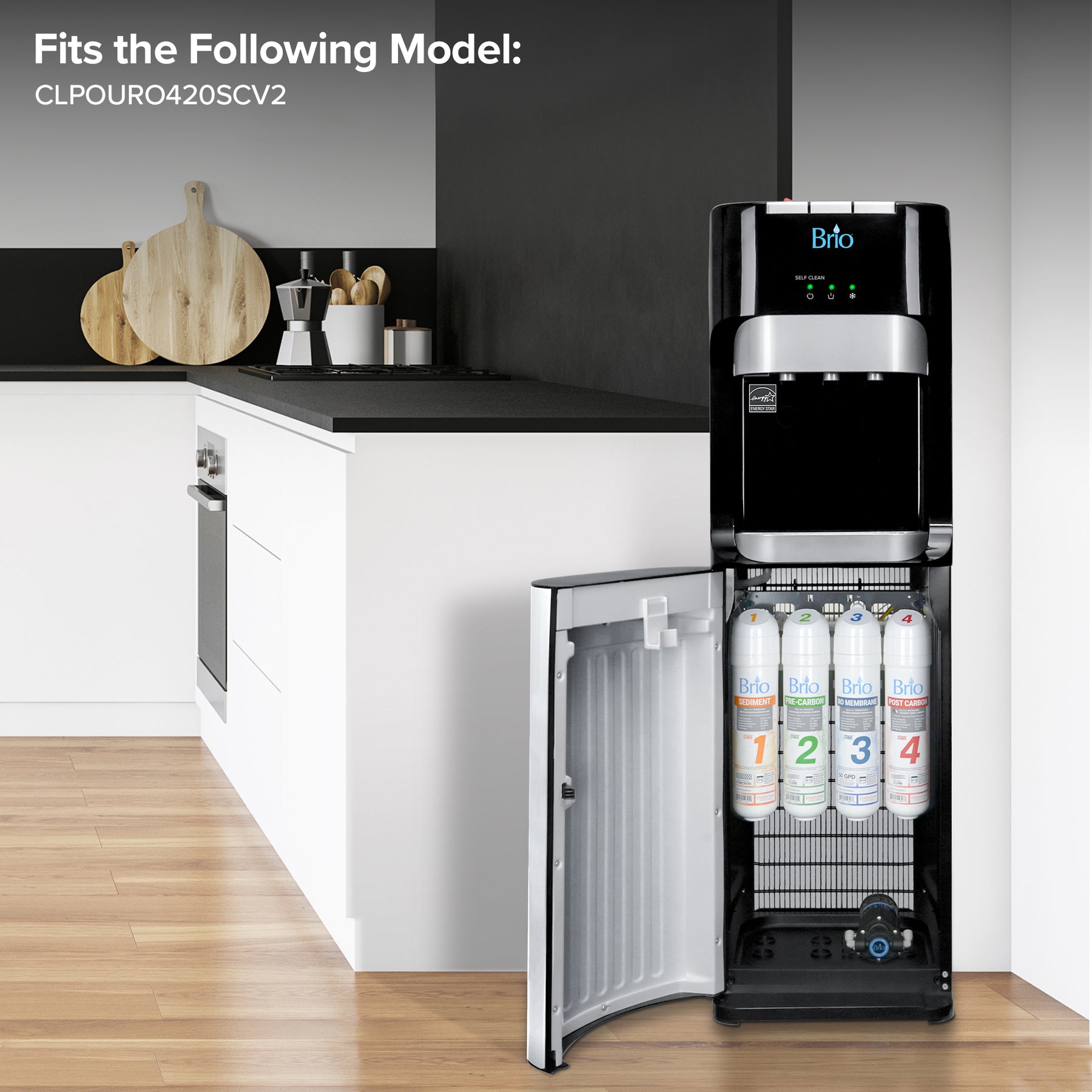 In a modern kitchen, the black and white water dispenser’s door is open, showcasing four Brio Stage 1 Sediment Filters (Model: CLPOURO420SCV2), all NSF certified. Text at the top states: Fits the Following Model: CLPOURO420SCV2.