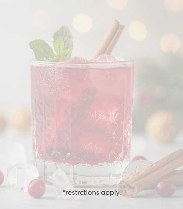 Frosty holiday cranberry drink served in a crystal glass with ice, mint leaves, and cinnamon sticks, surrounded by cranberries and ice cubes on a soft, blurred festive background. Restrictions apply.