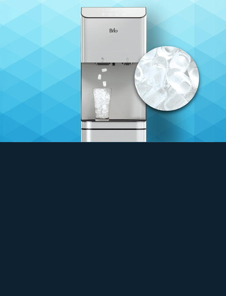 A stainless steel Brio Moderna + Ice water dispenser drops bullet-shaped ice cubes into a clear glass, set against a blue geometric background. A circular close-up beside it shows the ice cubes in detail.