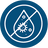 A circular blue icon with a white droplet and crossed-out virus symbol, indicating the product filters multiple contaminants.