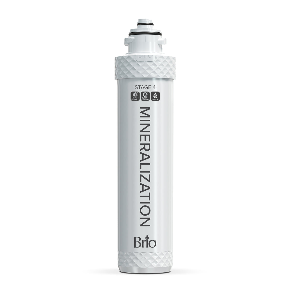 The Stage 4 Mineralization Filter for 4-Stage RO Water Dispensers is a white cylindrical filter labeled MINERALIZATION and Stage 4 by Brio, with water filtration icons and textured end caps, designed to deliver mineral-rich water.