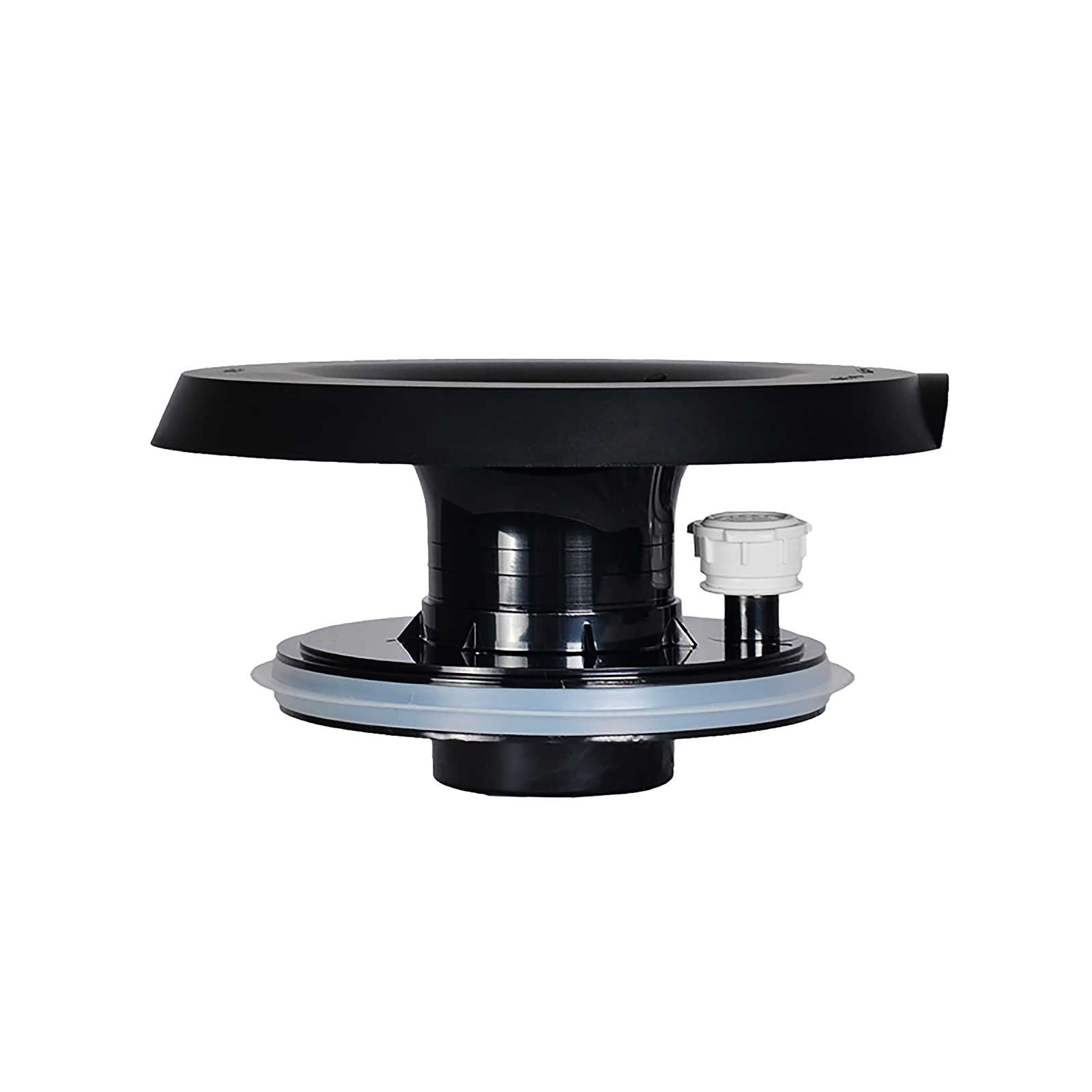 The No-Spill System Black (SKU: NSCBP520) is a black BPA-free plastic floor drain assembly with a wide circular flange, central pipe, and a white side-mounted attachment, shown against a white background.