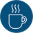A circular blue icon featuring a white line-drawn coffee cup with three wavy steam lines above it indicating the product provides near boiling water.