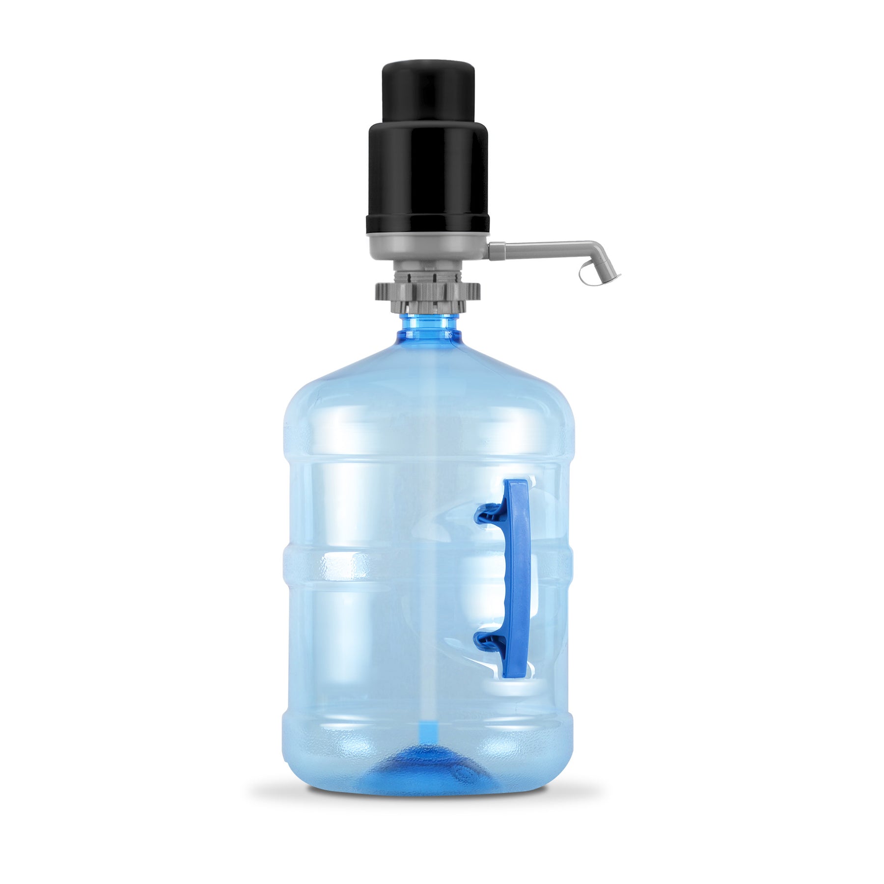 A large blue plastic 3- or 5-gallon water bottle with a built-in handle is topped with the Brio Manual Water Bottle Pump - Grey & Black (BPA-free), shown against a white background.