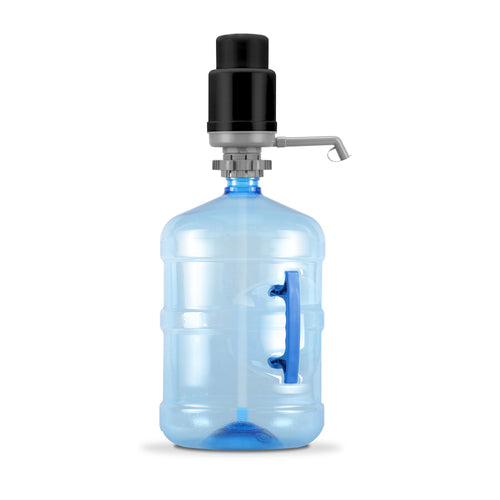 A large blue plastic 3- or 5-gallon water bottle with a built-in handle is topped with the Brio Manual Water Bottle Pump - Grey & Black (BPA-free), shown against a white background.