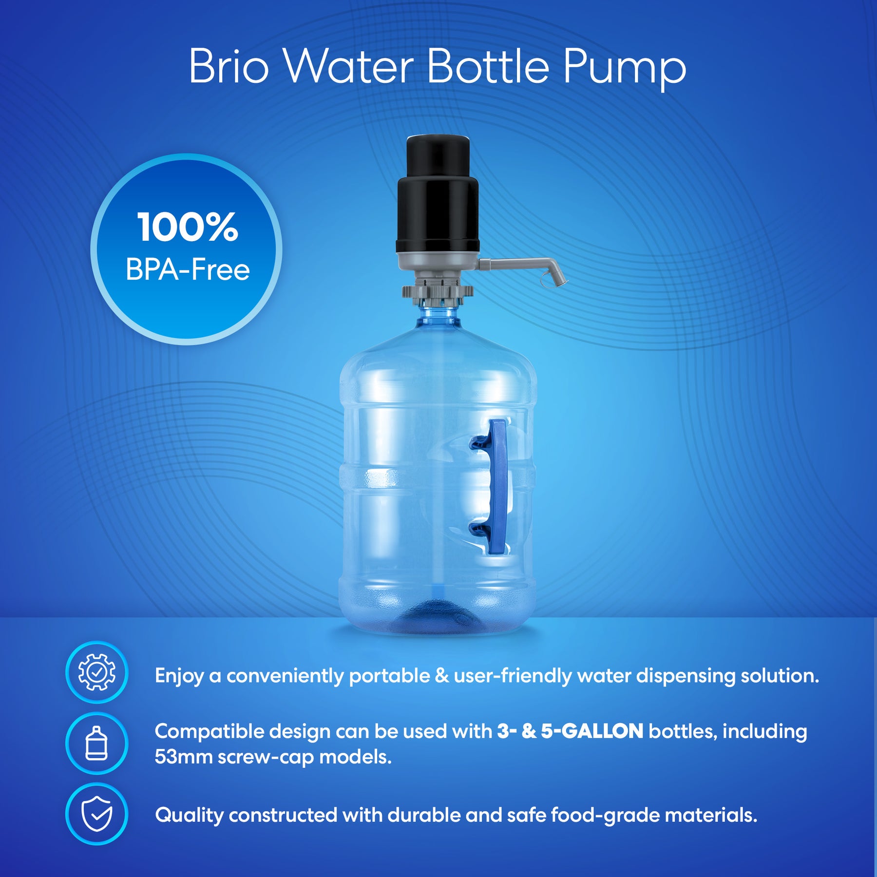 The Brio Manual Water Bottle Pump - Grey & Black is shown on a large jug with a blue background. Text highlights its BPA-free, durable food-grade build and compatibility with 3- and 5-gallon water bottles.