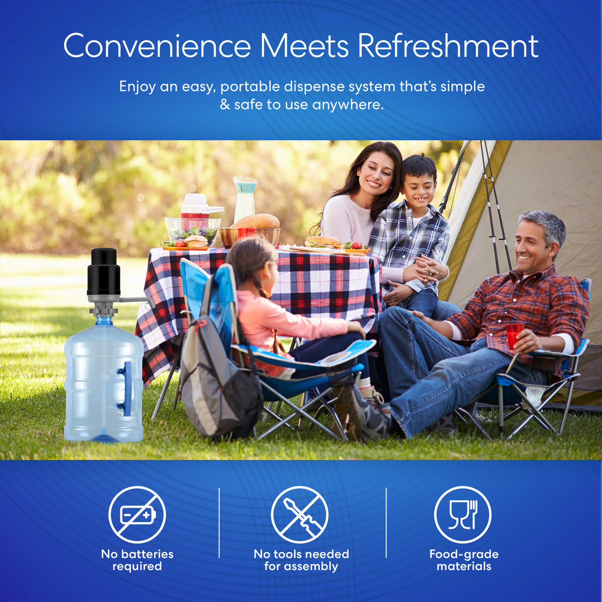 A family of four enjoys a meal by a tent with the Manual Water Bottle Pump - Grey & Black for 3- & 5-gallon bottles in the foreground. Icons show: BPA-free, no batteries or tools required, made from food-grade materials.