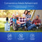 A family of four enjoys a meal by a tent with the Manual Water Bottle Pump - Grey & Black for 3- & 5-gallon bottles in the foreground. Icons show: BPA-free, no batteries or tools required, made from food-grade materials.