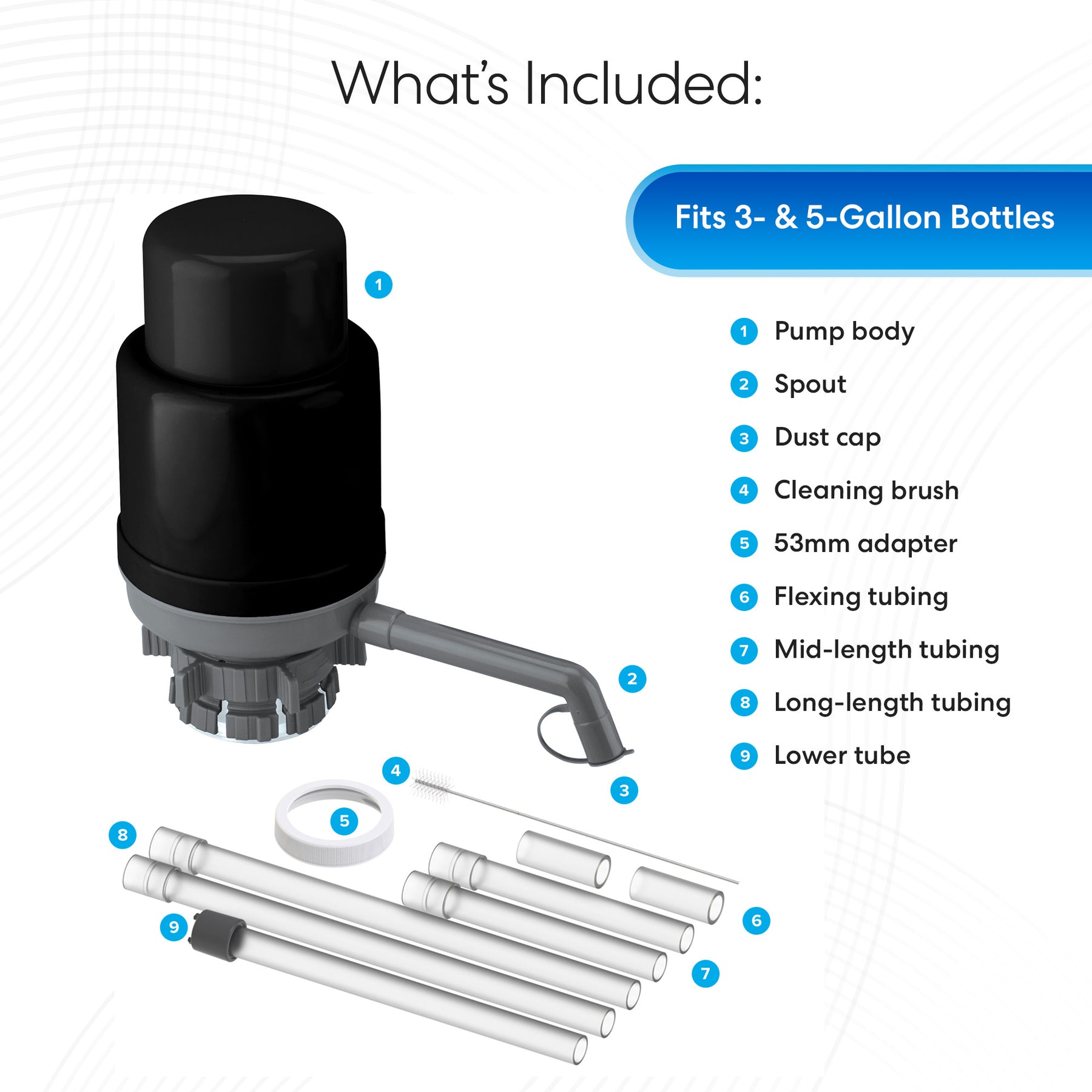 An image showing Brio Manual Water Bottle Pump - Grey & Black parts for 3- and 5-gallon bottles: pump body, spout, dust cap, cleaning brush, 53mm adapter, flex tubing, mid-length tubing, long-length tubing, and lower tube.