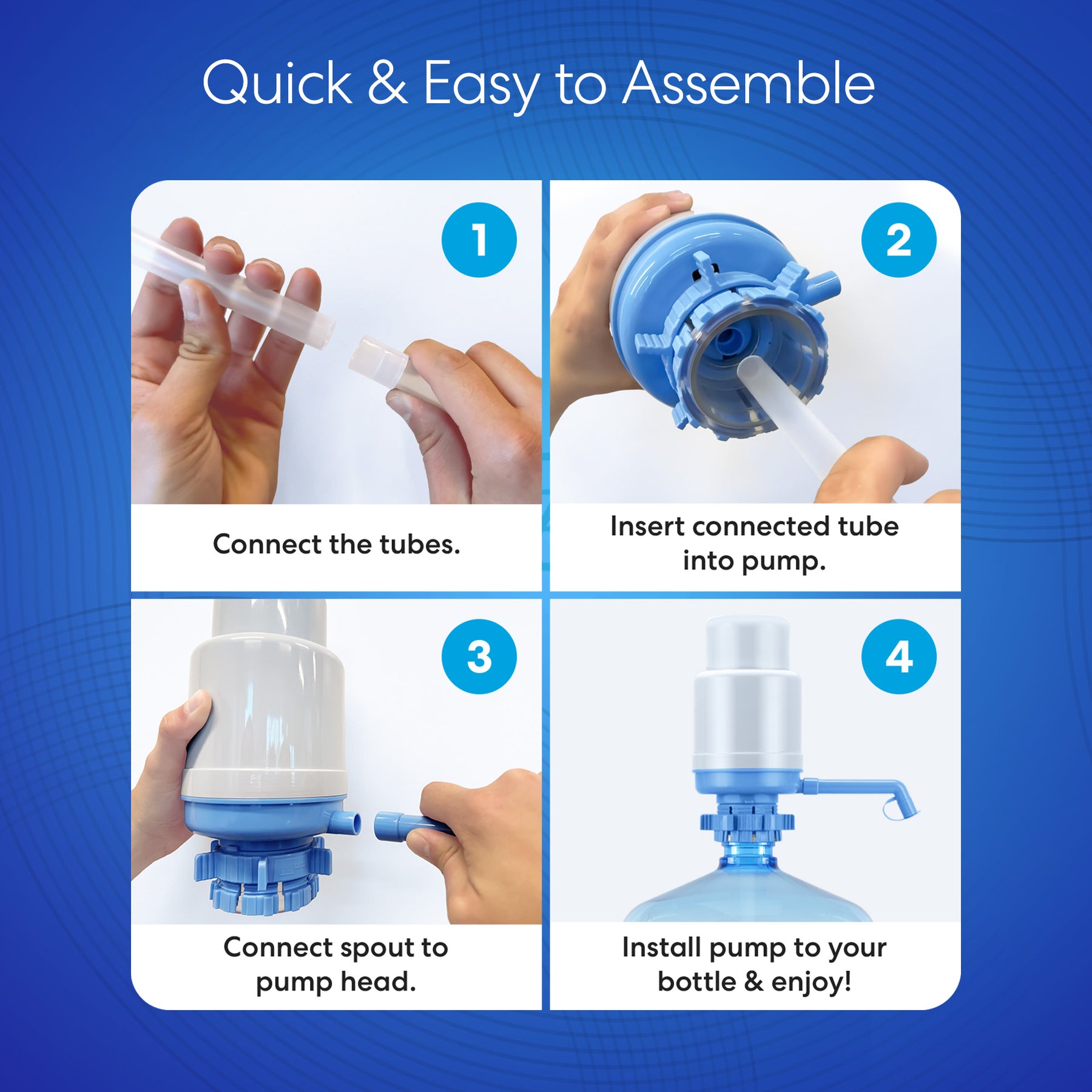 Four-step assembly for the Brio Manual Water Bottle Pump - Grey & Black: 1) Connect tubes, 2) Insert tubes into pump, 3) Attach spout, 4) Install on BPA-free pump; fits 3- and 5-gallon bottles. Blue background.
