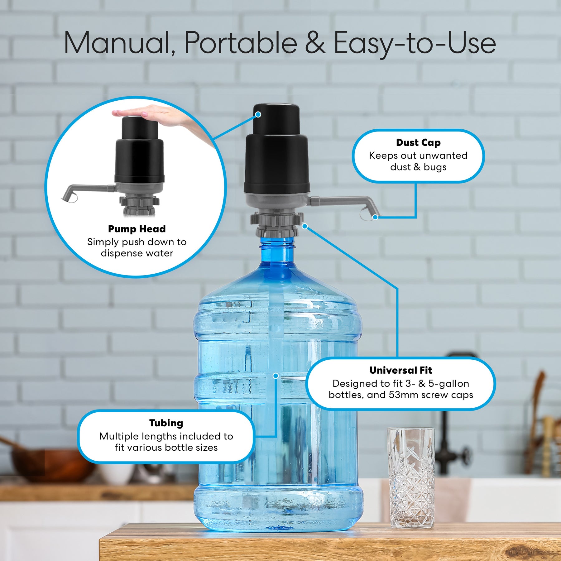 In a kitchen, a hand presses the black pump head of the Brio Manual Water Bottle Pump – Grey & Black, designed for 3- and 5-gallon bottles. Labeled features include dust cap, pump head, tubing, and universal fit; a glass sits on the counter.