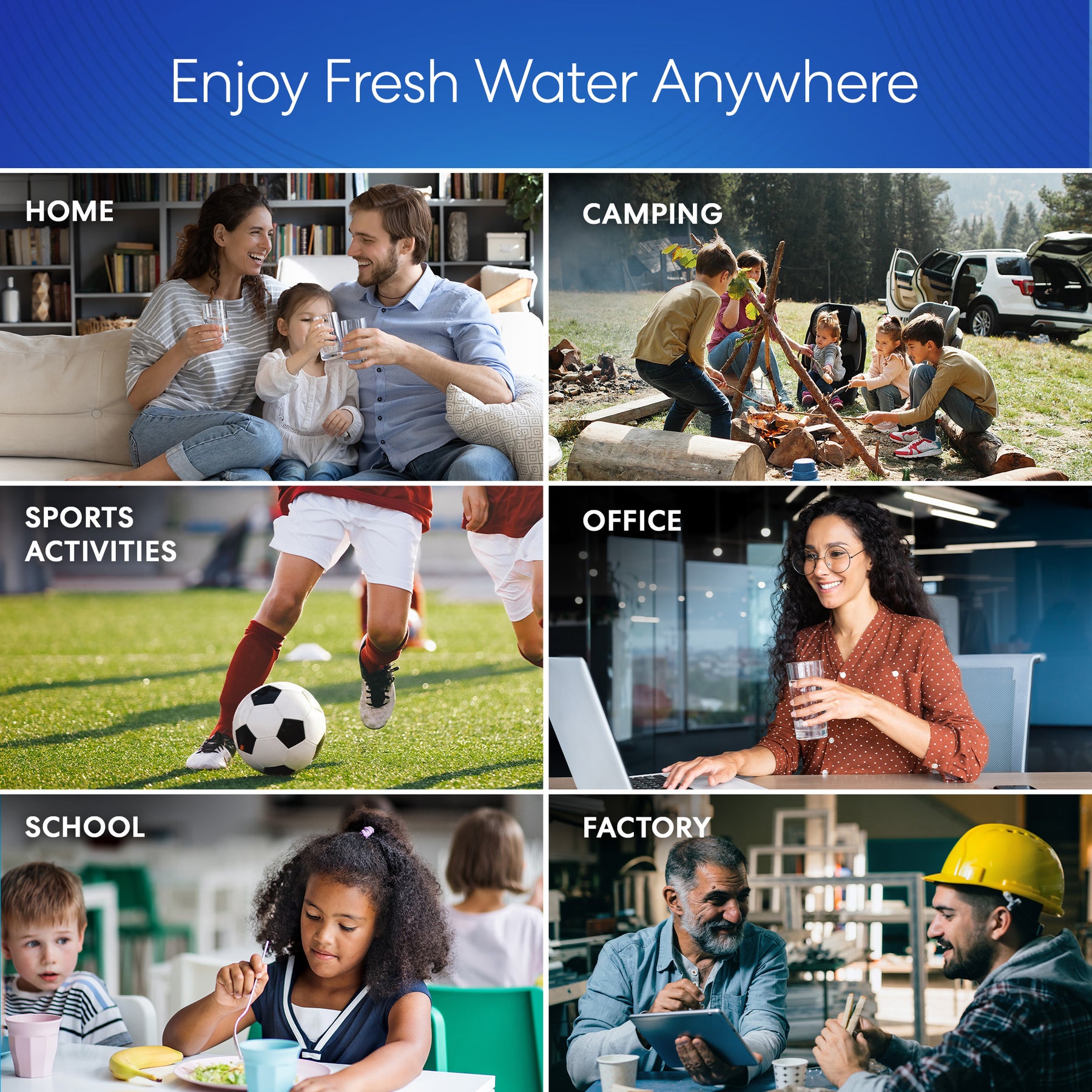 A collage shows the Brio Manual Water Bottle Pump (Grey & Black) with people at home, camping, playing soccer, in offices, schools, and factories. The text reads: “Enjoy Fresh Water Anywhere.”.