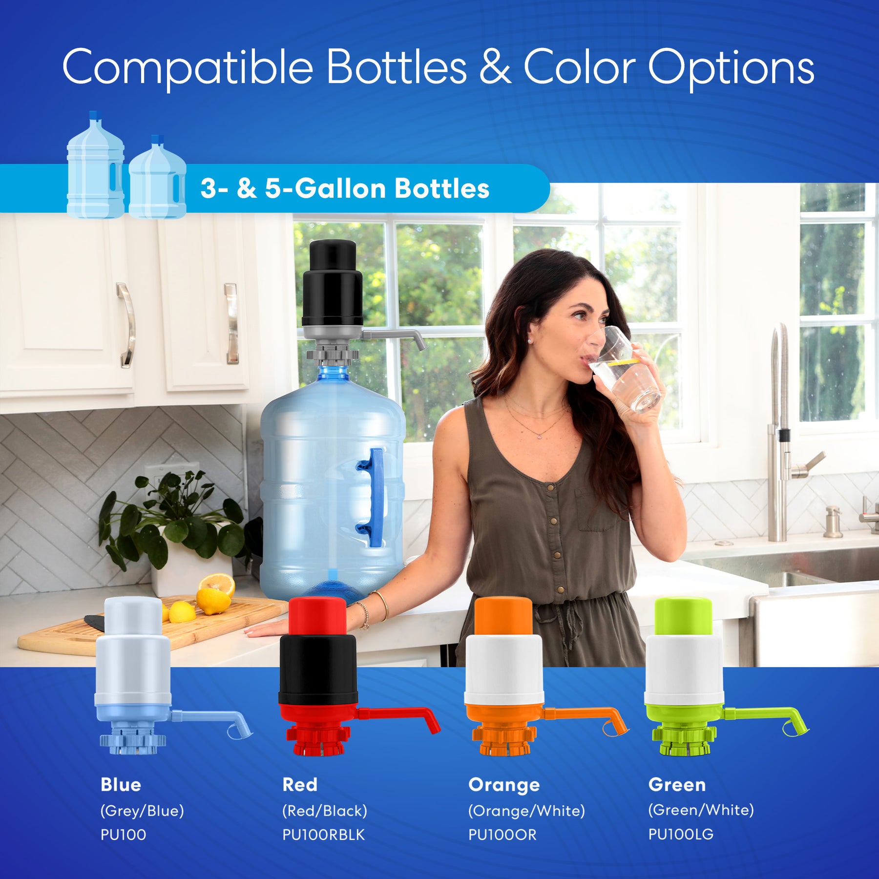 In her bright kitchen, a woman uses the Brio Manual Water Bottle Pump – Grey & Black on a large jug. Below are four BPA-free pump tops in blue, red, orange, and green for 3- and 5-gallon water bottles.