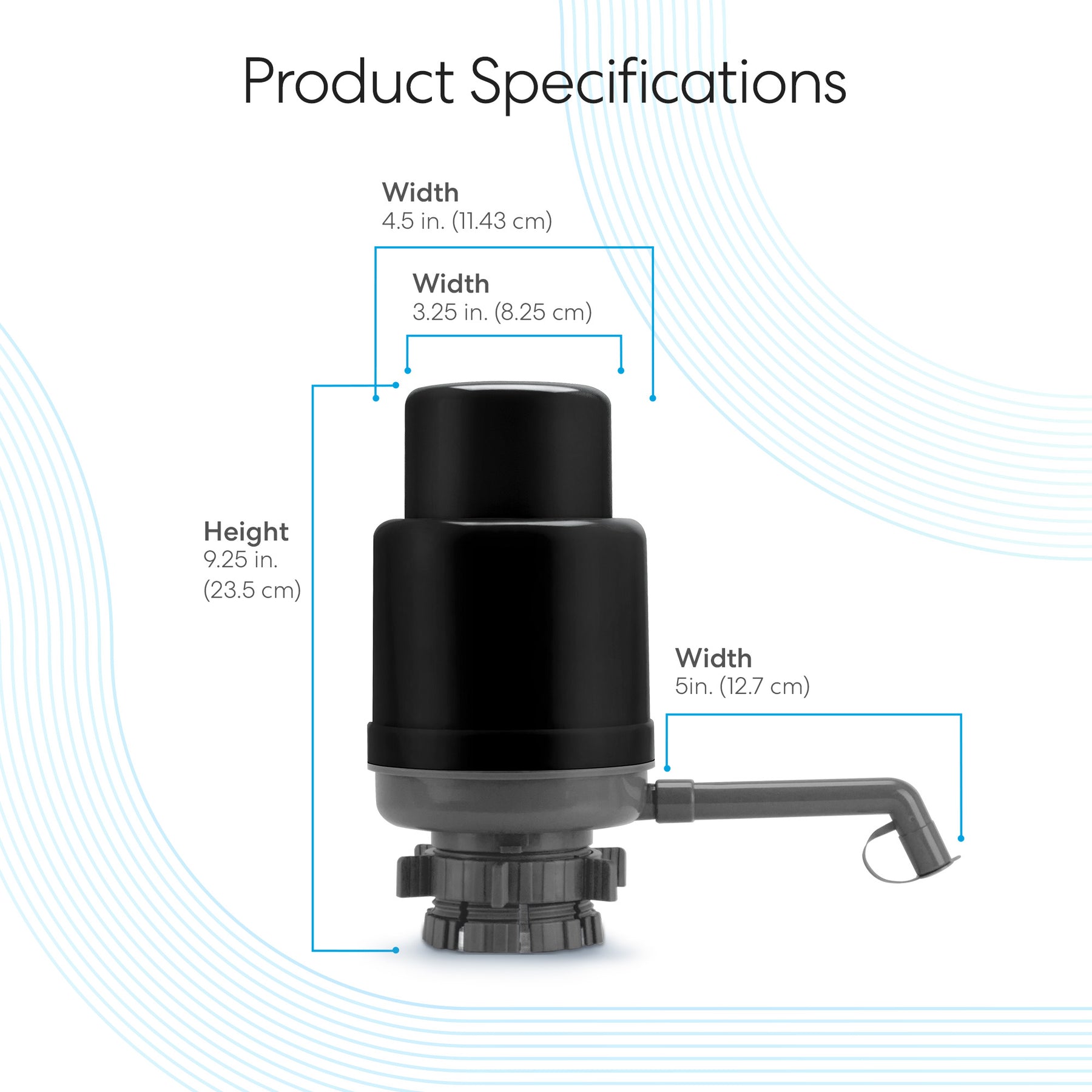 The Brio Manual Water Bottle Pump in grey and black is BPA-free with a spout, designed for 3- and 5-gallon bottles; dimensions: height 9.25" (23.5 cm), main body width 4.5", top width 3.25", base width 5".
