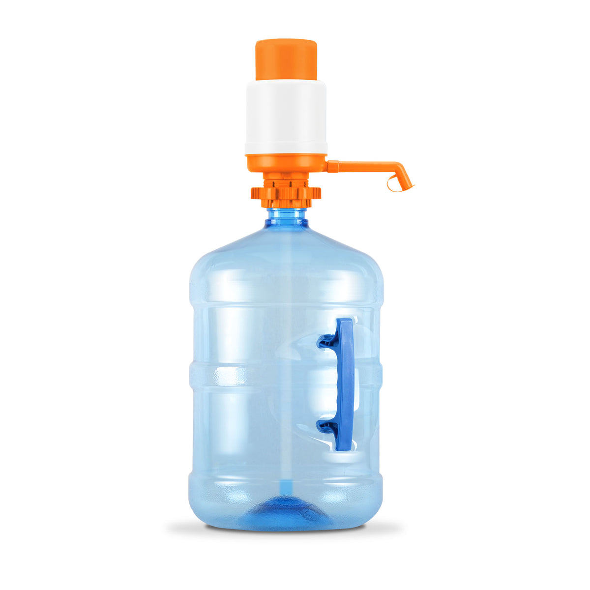 The Manual Water Bottle Pump - Orange & White is attached to a large BPA-free transparent blue water jug (for 3- and 5-gallon bottles), featuring a built-in handle, shown against a plain white background.