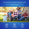 A smiling family enjoys food and drinks by a tent. In front, the Manual Water Bottle Pump - Orange & White is attached to a 5-gallon jug. Blue text highlights: no batteries, no tools, BPA-free food-grade materials.