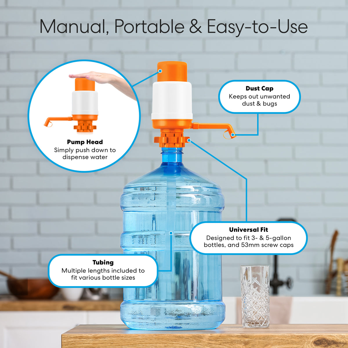 A hand presses the Manual Water Bottle Pump - Orange & White onto a large jug, compatible with 3- and 5-gallon bottles. Callout labels highlight dust cap, pump head, universal fit, and versatile tubing. A glass stands next to the jug.