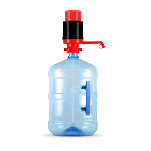 The Brio Manual Water Bottle Pump in red and black is attached to a large BPA-free blue water jug with a side handle, compatible with 3- and 5-gallon bottles, set against a plain white background.