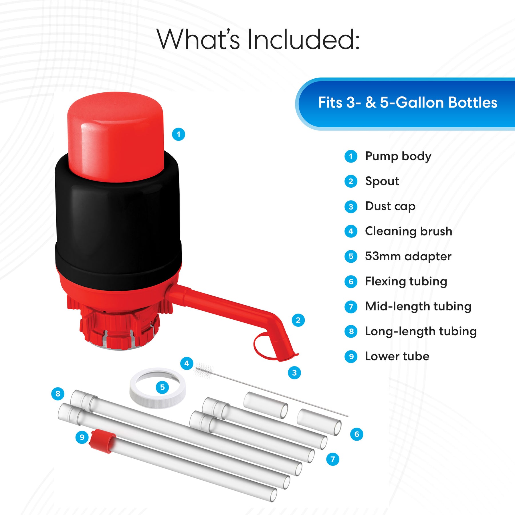Image showing all parts included with the Brio Manual Water Bottle Pump - Red & Black for 3- & 5-gallon bottles: pump body, spout, dust cap, cleaning brush, 53mm adapter, flex tubing, mid/long tubes, and lower tube.