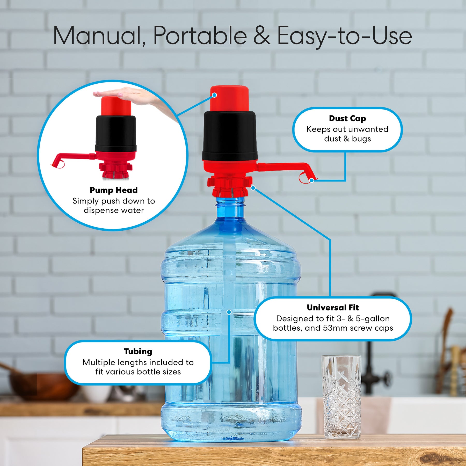 The Brio Manual Water Bottle Pump in red & black is attached to a large blue water bottle on a kitchen counter. Labels highlight its BPA-free dust cap, pump head, universal fit for 3- & 5-gallon bottles, and durable tubing.