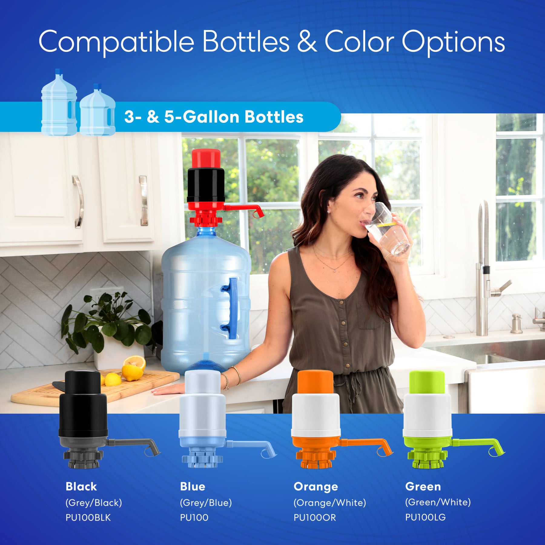 A woman drinks water in a bright kitchen next to the Brio Manual Water Bottle Pump in red & black, designed for 3- and 5-gallon bottles. Four color options are available: black, blue, orange, and green. BPA-free design.