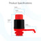 A product image shows the Manual Water Bottle Pump - Red & Black with a spout, labeled with dimensions: height 9.25 in (23.5 cm), top width 3.25 in, middle width 4.5 in, base width 5 in—BPA-free for 3- & 5-gallon water bottles.
