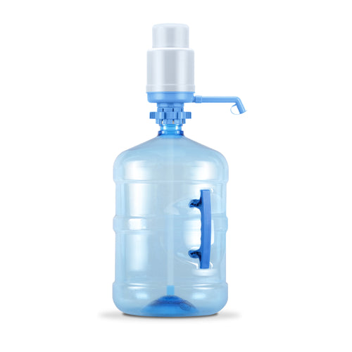 The Brio Manual Water Bottle Pump in grey and blue fits 3- and 5-gallon bottles, features a built-in handle and BPA-free pump, and is shown against a plain white background.