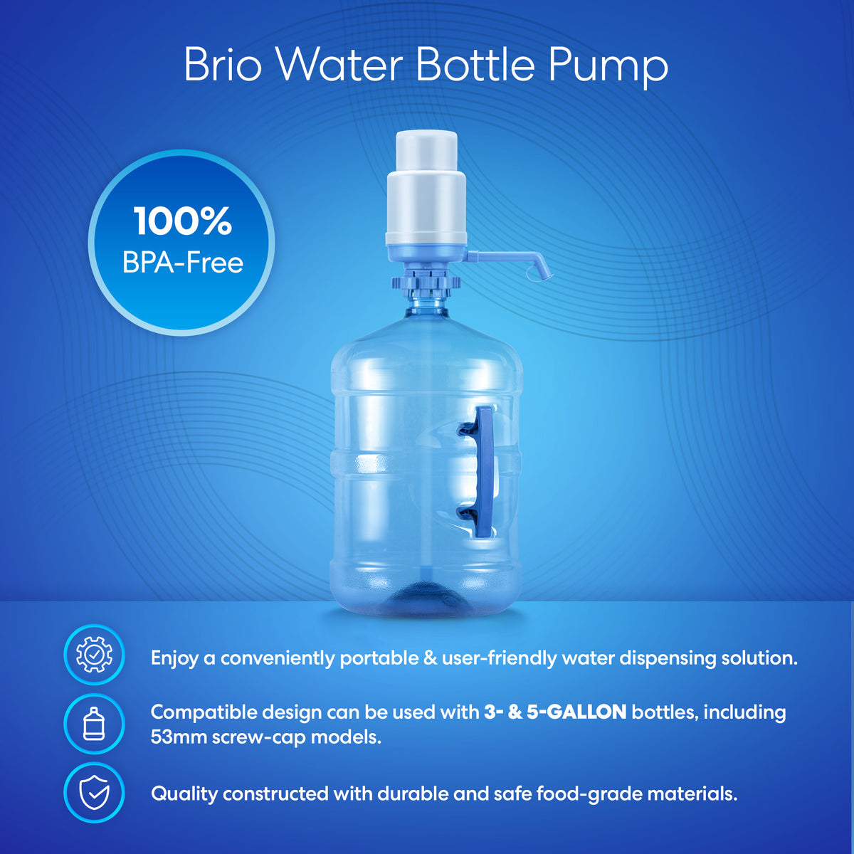 A Manual Water Bottle Pump - Grey & Blue is attached to a 5-gallon water bottle on a blue background. Text highlights features: 100% BPA-free, made from food-grade materials, and compatible with 3- and 5-gallon bottles.