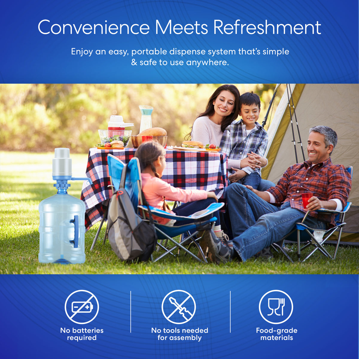 A family enjoys drinks outdoors near a tent, using the Manual Water Bottle Pump - Grey & Blue with a BPA-free 5-gallon bottle. Icons show it's battery-free, tool-free, and made from food-grade materials.
