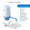 Image of the Manual Water Bottle Pump - Grey & Blue, a BPA-free kit for 3- and 5-gallon bottles featuring pump body, spout, dust cap, cleaning brush, adapter, flexible tubing (mid-, long-, and lower tubes).