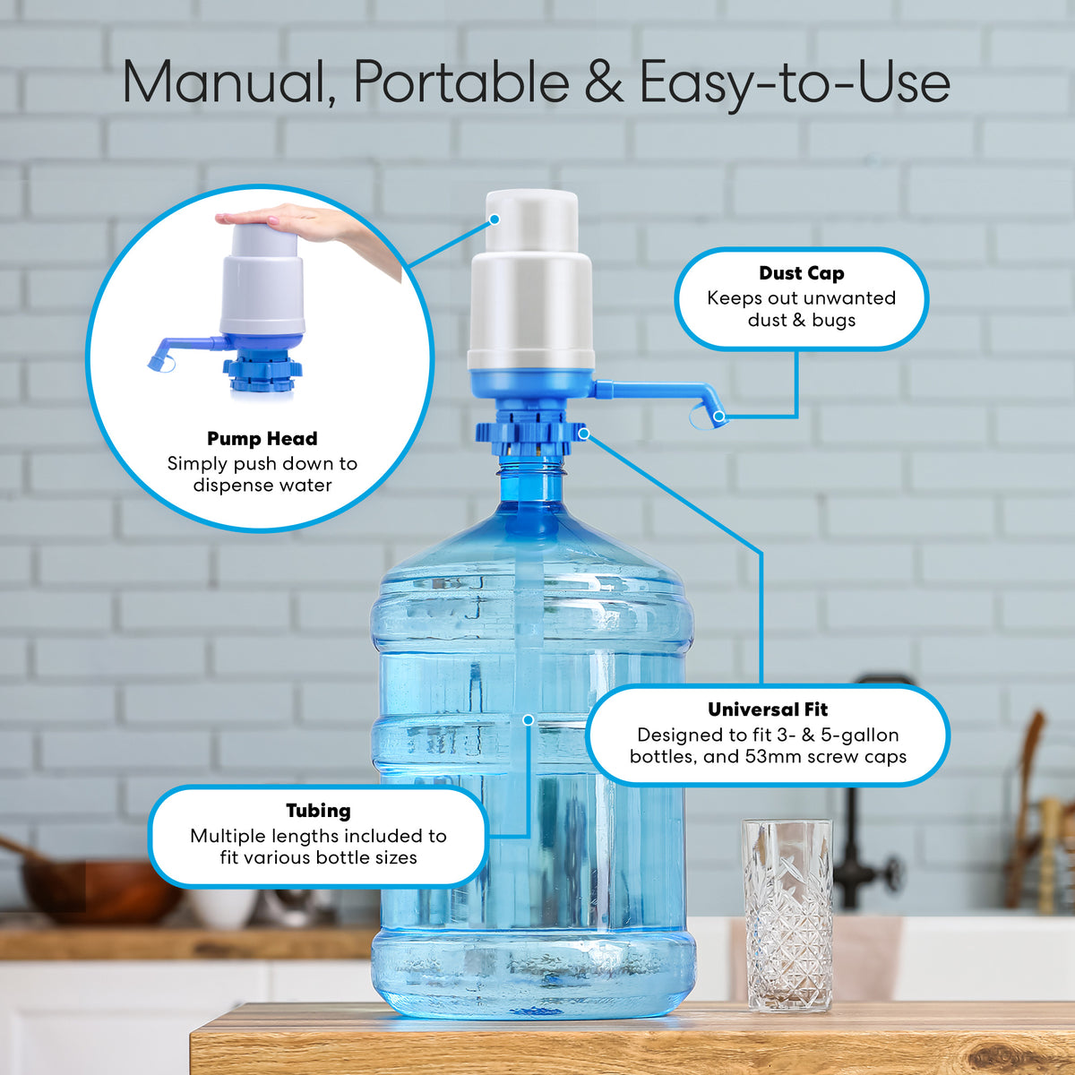 The Manual Water Bottle Pump - Grey & Blue sits on a 5-gallon bottle on a kitchen counter, featuring BPA-free construction, dust cap, universal fit for different bottles, multi-length tubing, and an easy-to-use pump head for convenient dispensing.