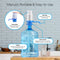 The Manual Water Bottle Pump - Grey & Blue sits on a 5-gallon bottle on a kitchen counter, featuring BPA-free construction, dust cap, universal fit for different bottles, multi-length tubing, and an easy-to-use pump head for convenient dispensing.
