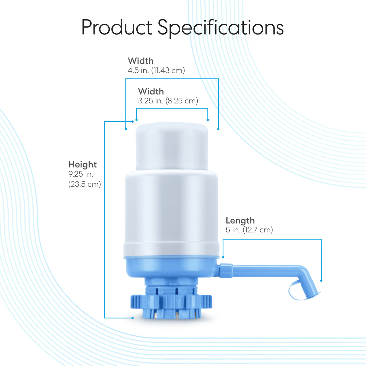 The Manual Water Bottle Pump - Grey & Blue is a BPA-free pump for 5-gallon bottles. Dimensions: height 9.25 in (23.5 cm), base width 4.5 in (11.43 cm), top width 3.25 in (8.25 cm), length 5 in (12.7 cm).
