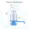 The Manual Water Bottle Pump - Grey & Blue is a BPA-free pump for 5-gallon bottles. Dimensions: height 9.25 in (23.5 cm), base width 4.5 in (11.43 cm), top width 3.25 in (8.25 cm), length 5 in (12.7 cm).
